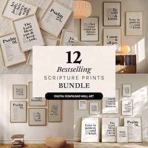Peut inclure: Ensemble de 12 impressions d'Écritures encadrées, avec des citations inspirantes et des versets bibliques. Les impressions sont de différentes tailles et styles, avec du texte noir sur fond neutre. Le lot est annoncé comme art mural à télécharger numériquement.