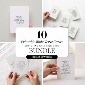 May include: A collection of 10 printable Bible verse cards. Each white card has a different inspirational quote in black text. The cards are designed as Christian greeting cards, with the word "BUNDLE" clearly visible.