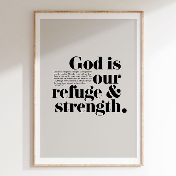 Psalm 46:1-3 God is our Refuge & Strength Bible Verse Wall Art, Christian art, Modern Minimalist Scripture, Home Decor, Contemporary Design