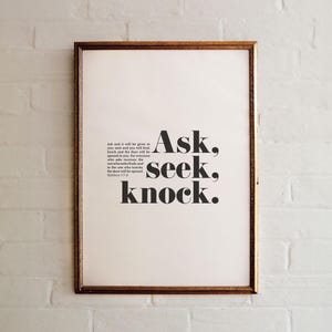 Matthew 7:7-8 Poster Ask, Seek, Knock Print, Christian Home Decor, Modern Minimalist Scripture Printable Bold Statement Design Prayer Poster