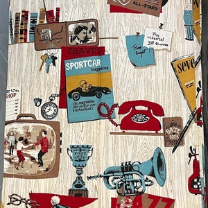 May include: A retro fabric featuring a repeating pattern of vintage illustrations. The design includes a television, telephone, trophy, trumpet, and magazine. The color scheme incorporates red, blue, brown, and cream, evoking a mid-century aesthetic.