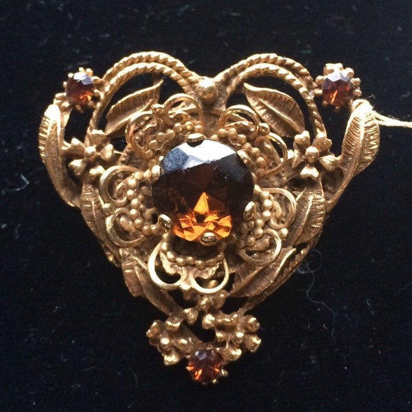 Vtg 1960s Victorian Revival Brooch Amber Rhinestone brooch pin