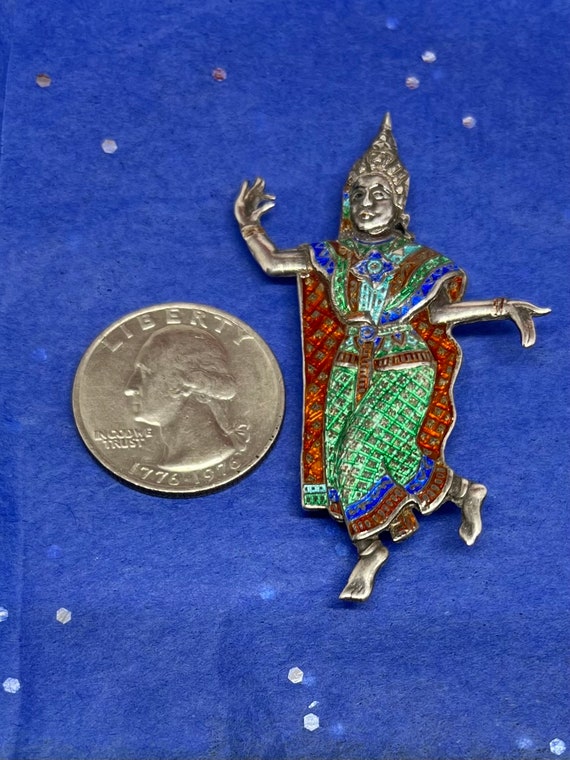 Vtg Siam Sterling Enamel Temple Dancer Brooch - image 2