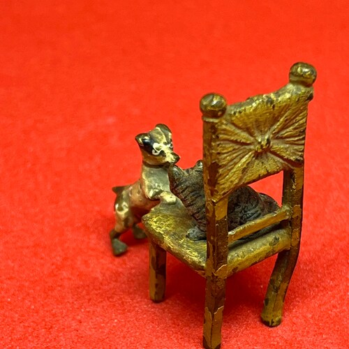 Miniature Vienna bronze Cat on chair playing with shops terrier dog