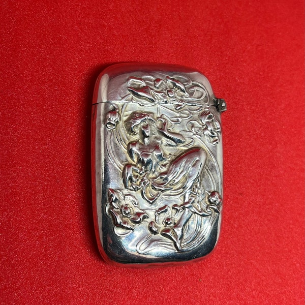 Art, nouveau, sterling silver match safe, woman smoking cigarette