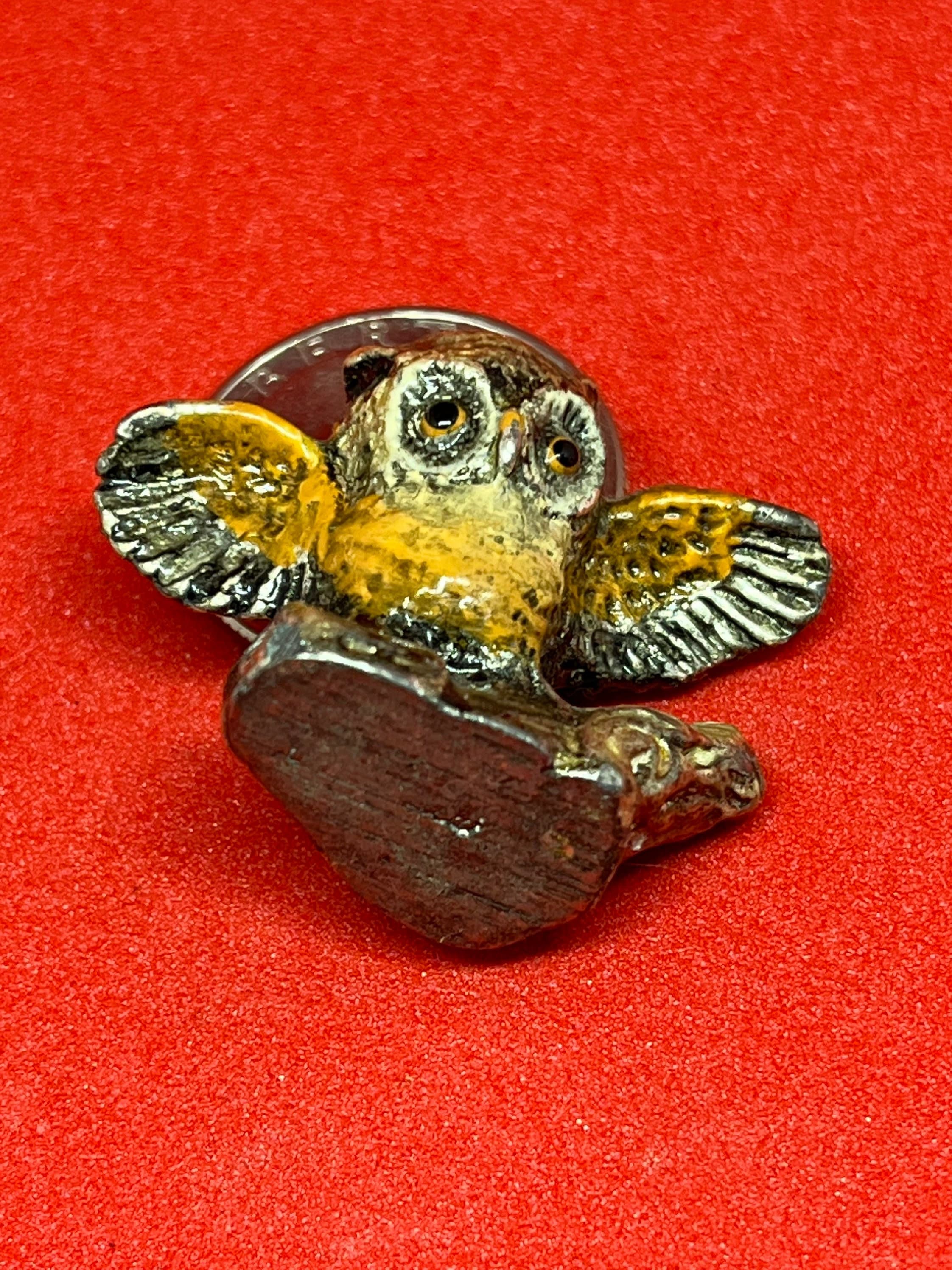 Tiny pewter Owl with enameling marked under the base