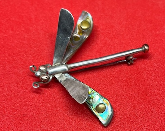 Broche de libélula Vtg 980 Sterling firmado A.E.M. Taxco México