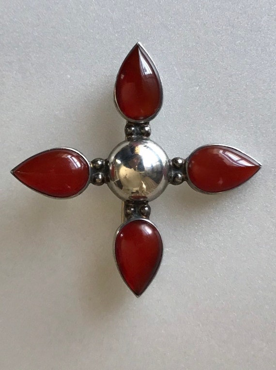 Vtg Mexico Sterling and Carnelian Cross Brooch / P