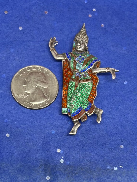 Vtg Siam Sterling Enamel Temple Dancer Brooch - image 5