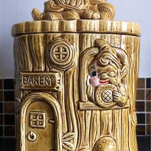 1960s Pixie Bakery Cookie Jar  Elves Tree Trunk Cookie Jar  Retro Made in Japan