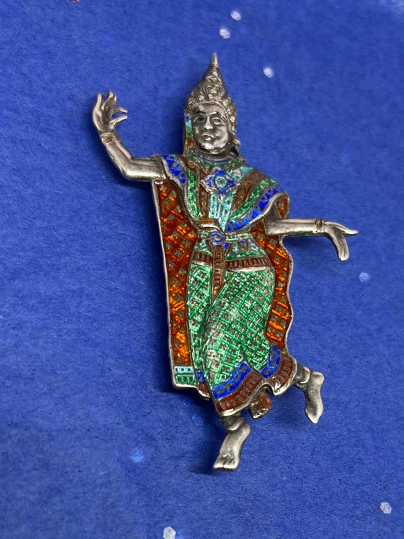 Vtg Siam Sterling Enamel Temple Dancer Brooch - image 3