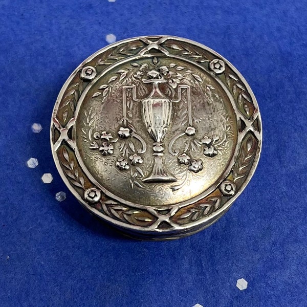 Antique French sterling silver Pillbox minerva head and TF RES mark could be Theodor Fahrner