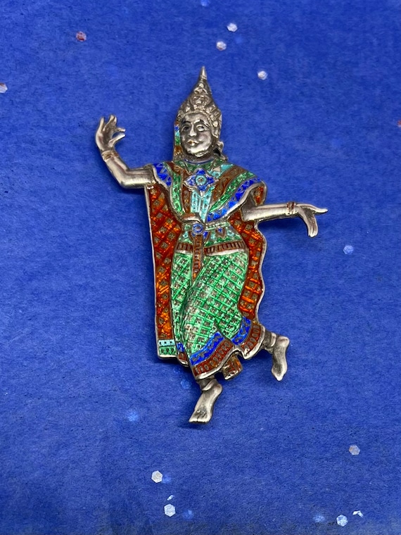 Vtg Siam Sterling Enamel Temple Dancer Brooch - image 1