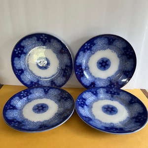 Four 8” Flow Blue Utzchneider plates Germany Persian Moss Pattern