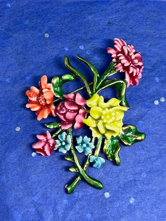 Bob Mackey enamel bouquet brooch signed colorful … - image 1