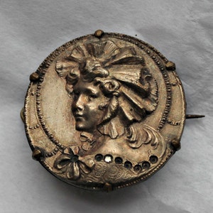 Silver Portrait Brooch, brass frame, Antique Portrait of a beautiful young girl in bonnet