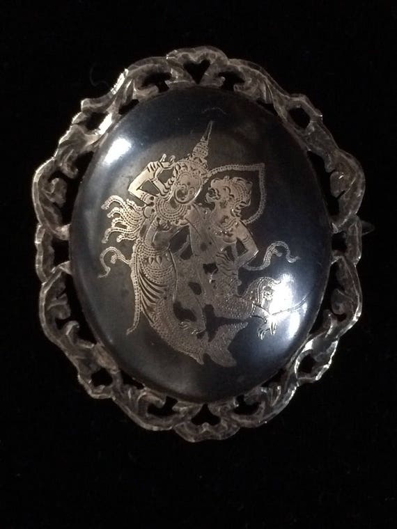 Vtg 40s Temple Dancers Siam sterling brooch  (11.… - image 3