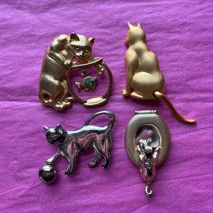 4 Vtg 1980s /90s Kitty Cat Brooches AJC & JJ