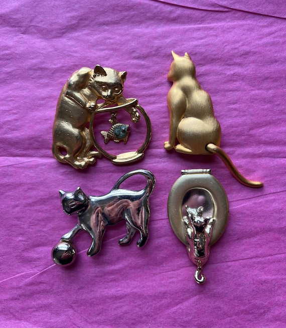 4 Vtg 1980s /90s Kitty Cat Brooches AJC & JJ