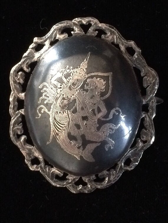 Vtg 40s Temple Dancers Siam sterling brooch  (11.… - image 2