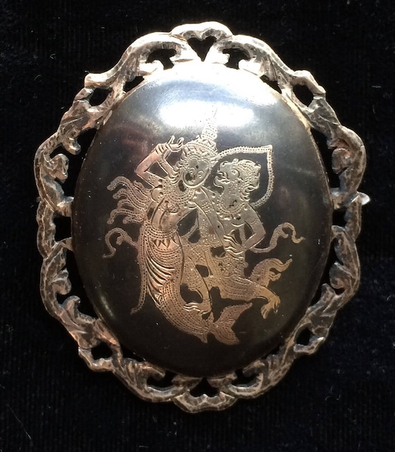Vtg 40s Temple Dancers Siam sterling brooch (11.7