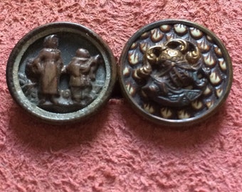 Two vintage Victorian picture buttons knight in armor on ivoride, people