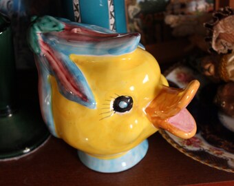 Italy pottery Duck Bank 1960's Mid Century Colorful figural Duck Head wearing flower hat Face Bank Faience Majolica Made in Italy