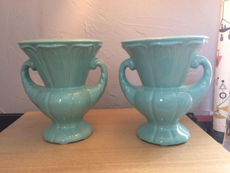Sale 2 American Art Pottery Sea Foam Green Handled Urn Shaped Etsy