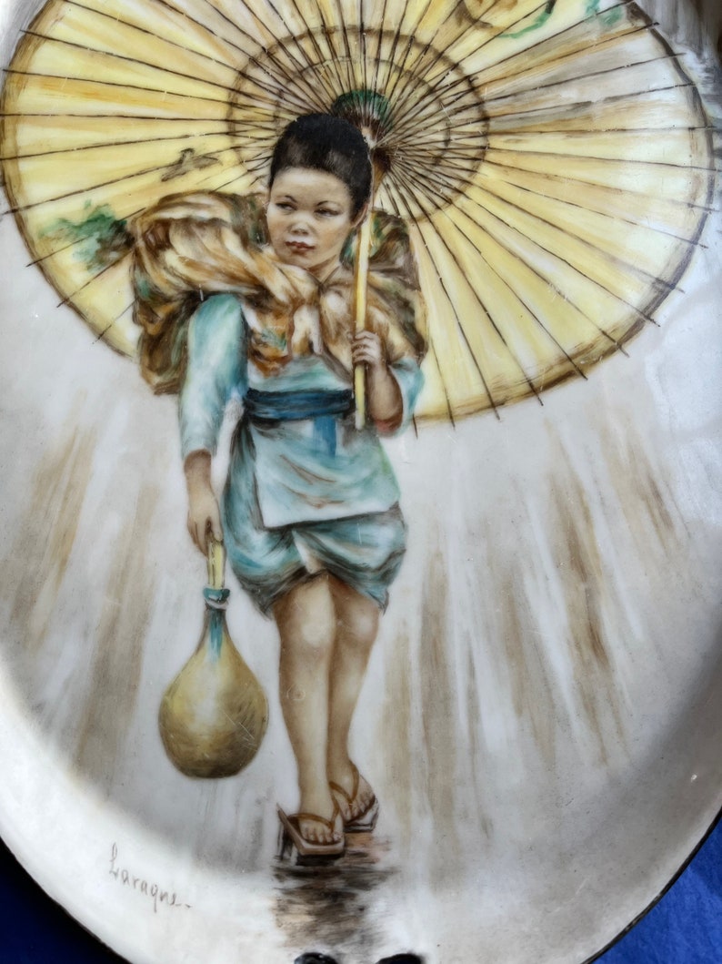 Mid century Vietnamese woman handpainted china plaque by Laraque image 3