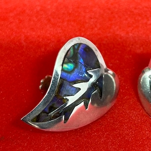 Vtg abalone and sterling silver leaf earrings Taxco Mexico signed EAB