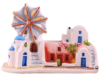 Traditional house complex of Santorini village, with windmill and blue dome church | large complex | handmade miniature house