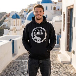 Felpa con cappuccio Crazy Donkey Brewery / Logo Santorini Beer, Nero