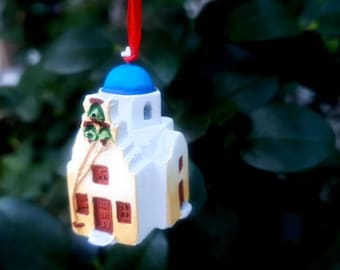 Santorini St Athina church with blue dome Christmas Tree ornament
