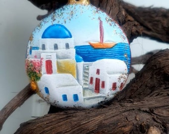 Handmade Round Christmas Tree Ornament featuring Santorini neighbourhood and blue dome Church