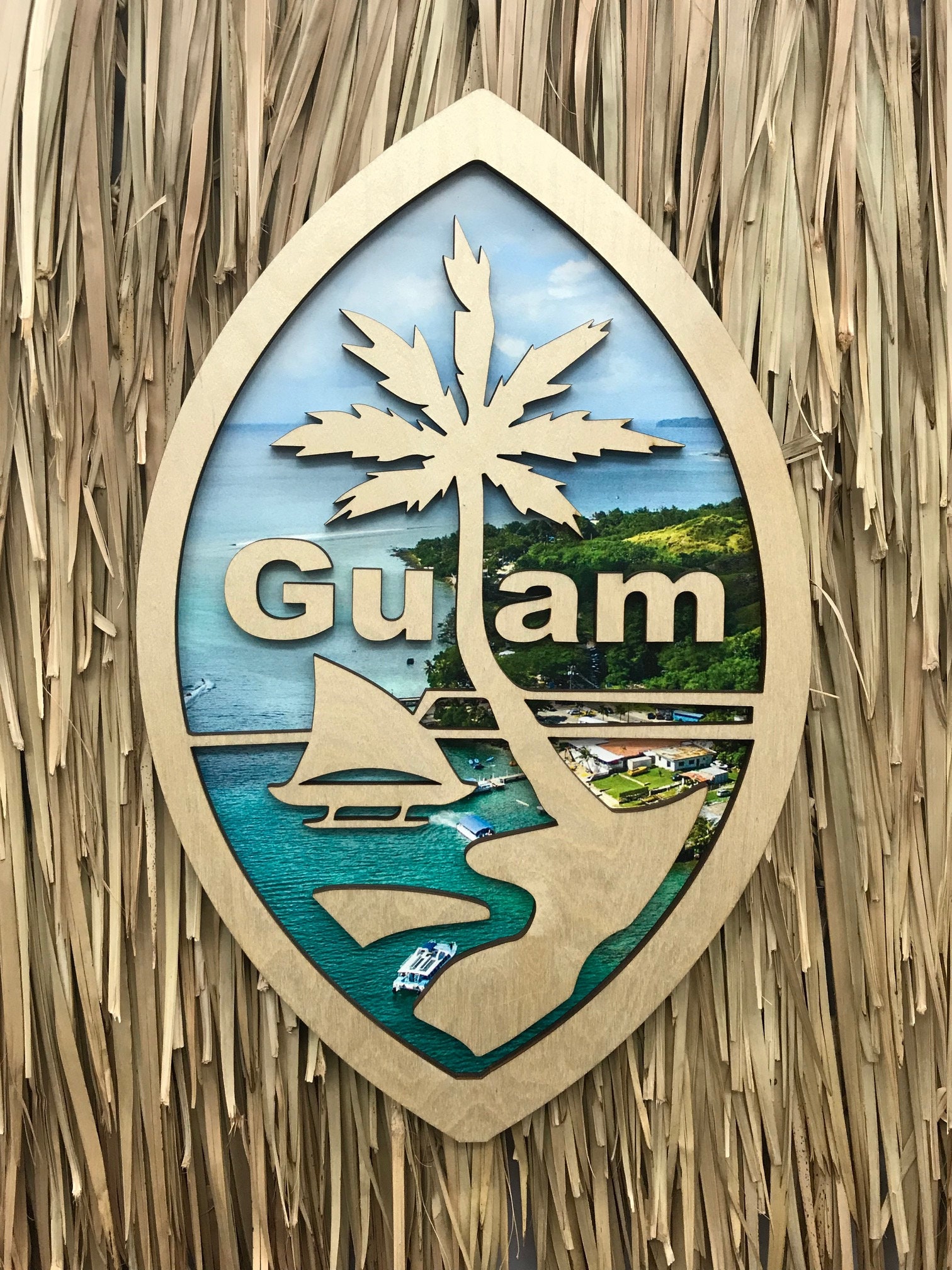 Wooden Guam Seal Laser Cut UV Printed Southern Coast of Guam pic