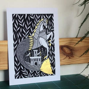 Kelpie Folklore A5 Illustration Print, with hand-painted liquid gold elements.