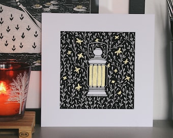 Square 14.8x14.8cm Lantern & Moth Print | Hand finished with gold ink