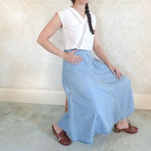 Vintage 80s Denim Midi Skirt: Button Down A-Line, 27&quot; High Waist