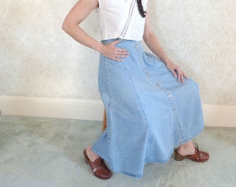Vintage Jean Skirt Button Down A-Line Midi 80s Streetwear Minimalist Clothing Boho Hippie 27 High Waisted