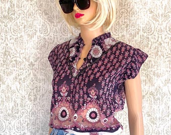 Vtg Indian Cotton Gauze Blouse | Vintage 70s Hippie Tunic | Block Print Pull Over Top |  FASHION LINKS usa | Short Sleeve Thin Shirt