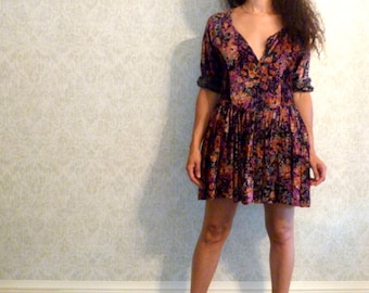 Vintage Crushed Velvet Babydoll Dress: Floral Mini Hippie Boho