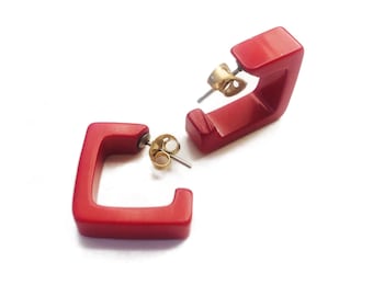 Vintage Brick Red Square Hoop Earrings: Acrylic Minimalist Jewelry