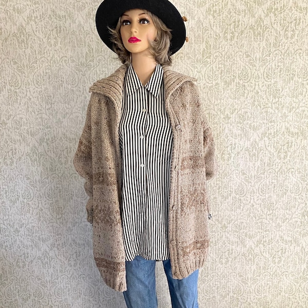 Vintage Handmade Cardigan | Vtg Knit Wool Grandpa Sweater Coat |  Oatmeal Winter Outerwear