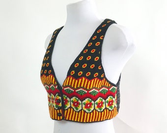 Vintage Needlepoint Vest Quilted Back Floral Print Handmade Cropped Waistcoat 80s