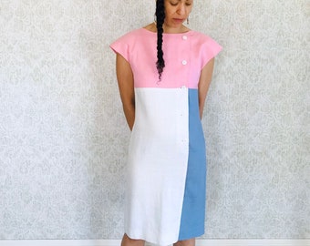 Vtg Linen Colorblock Dress | Vintage 80s Pastel Sheath | Sleeveless Color Block Midi | sz 8