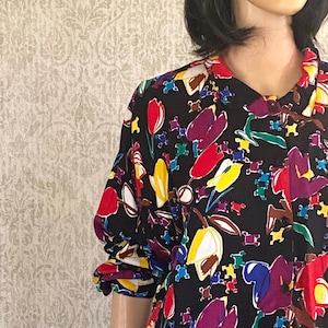 90s Vintage Patterned Blouse | TONY FRANCE | Long Sleeve Vibrant Abstract Print Top | Y2k Collared Oversized Shirt | Plus Size Vtg