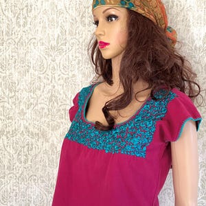 Vtg Mexican Tunic | Oaxaca Magenta Embroidered Shirt | Hippie Tent Top | Artisan Festival Clothing