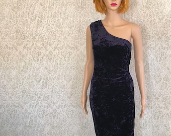 Vintage Crushed Velvet Bodycon Mini Dress: 80s One Shoulder