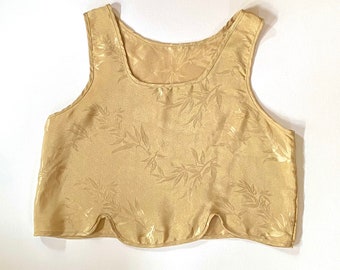 Vintage Golden Scalloped Tank Top | Sleeveless Cropped Blouse | Floral Print 80s Shirt Oversized