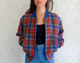 Plaid Bomber Jacket Vintage 80s 90s Light Coat Tartan Plaid Preppy Wool Royal Blue Women's Streetwear Outerwear